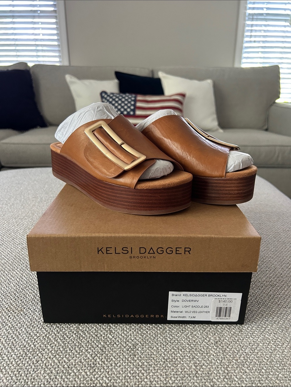Kelsi Dagger Cognac Leather Platform Slide Mules with Gold Buckle